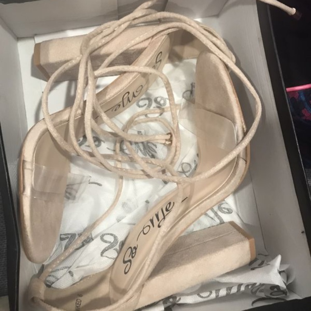 Nude clear strap heels